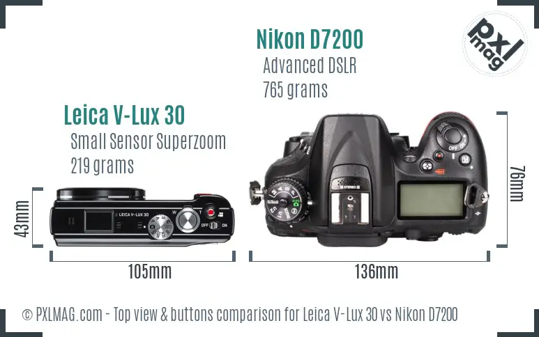 Leica V-Lux 30 vs Nikon D7200 top view buttons comparison