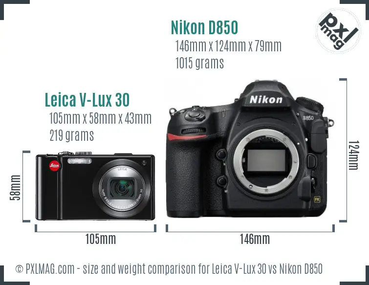 Leica V-Lux 30 vs Nikon D850 size comparison