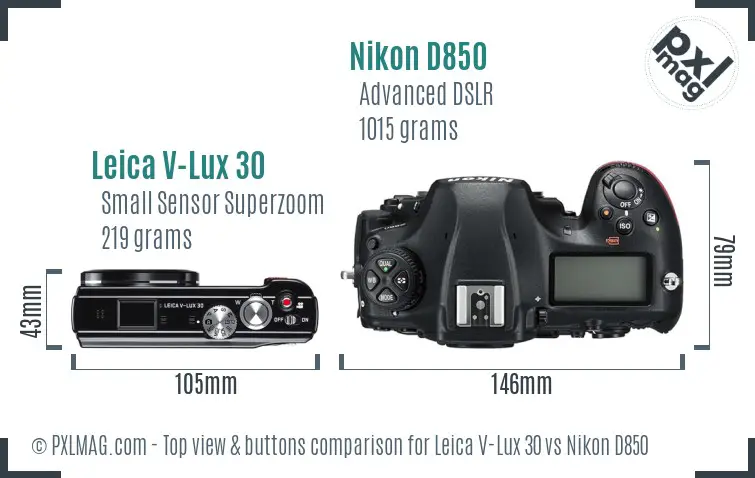 Leica V-Lux 30 vs Nikon D850 top view buttons comparison