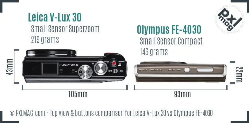 Leica V-Lux 30 vs Olympus FE-4030 top view buttons comparison