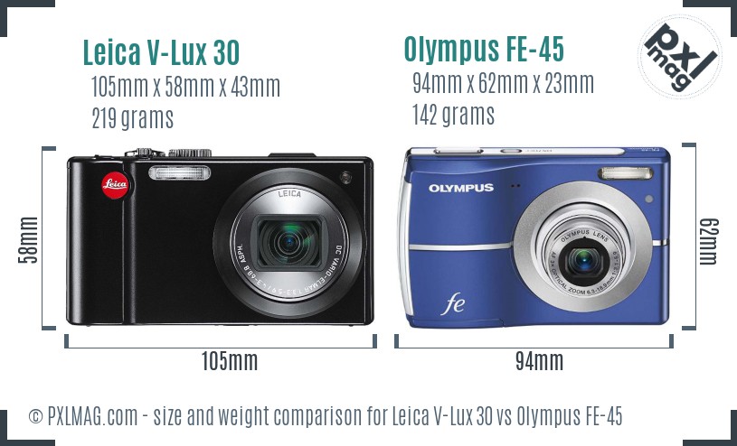 Leica V-Lux 30 vs Olympus FE-45 size comparison Leica V-Lux 30 vs Olympus FE-45 size comparison