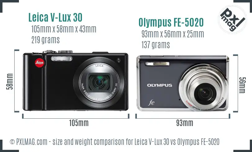 Leica V-Lux 30 vs Olympus FE-5020 size comparison