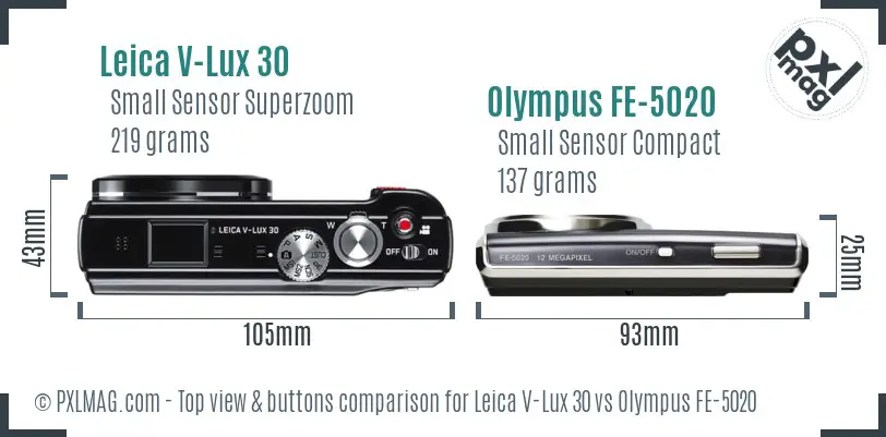 Leica V-Lux 30 vs Olympus FE-5020 top view buttons comparison