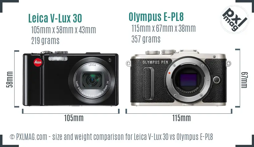 Leica V-Lux 30 vs Olympus E-PL8 size comparison