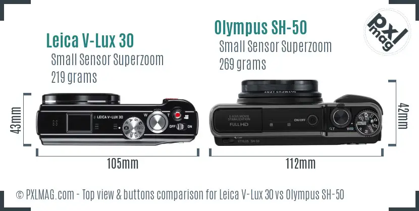 Leica V-Lux 30 vs Olympus SH-50 top view buttons comparison Leica V-Lux 30 vs Olympus SH-50 top view buttons comparison