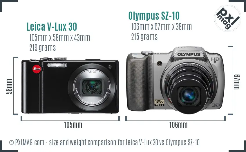 Leica V-Lux 30 vs Olympus SZ-10 size comparison Leica V-Lux 30 vs Olympus SZ-10 size comparison