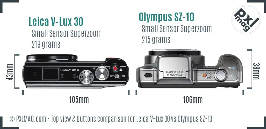 Leica V-Lux 30 vs Olympus SZ-10 top view buttons comparison Leica V-Lux 30 vs Olympus SZ-10 top view buttons comparison