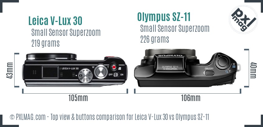 Leica V-Lux 30 vs Olympus SZ-11 top view buttons comparison