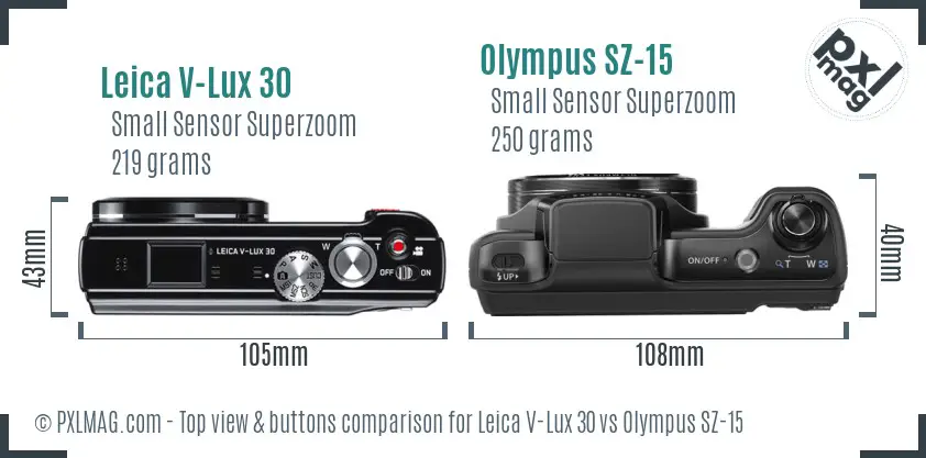 Leica V-Lux 30 vs Olympus SZ-15 top view buttons comparison