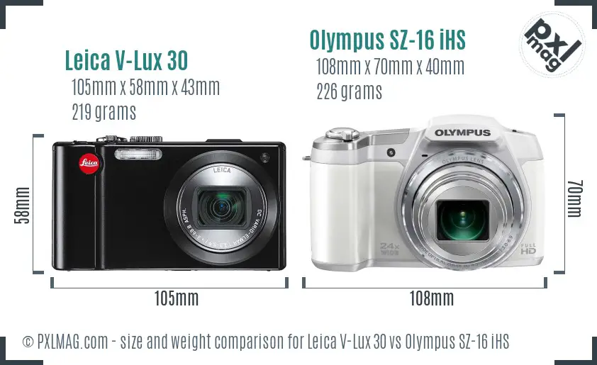 Leica V-Lux 30 vs Olympus SZ-16 iHS size comparison