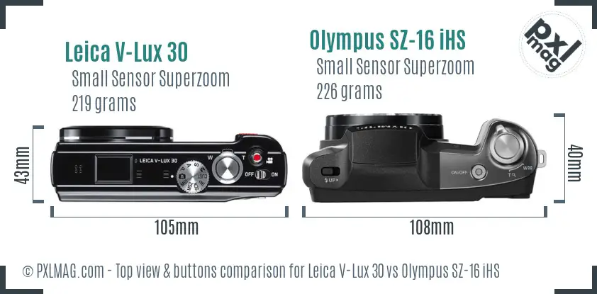 Leica V-Lux 30 vs Olympus SZ-16 iHS top view buttons comparison