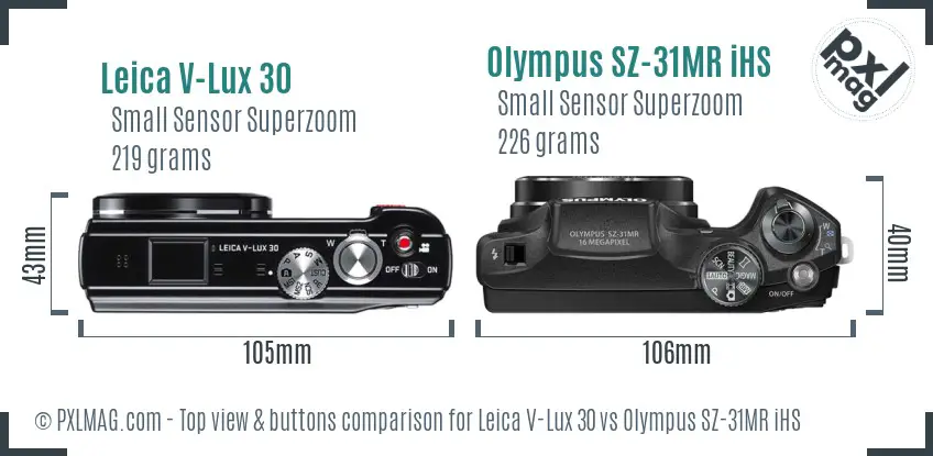 Leica V-Lux 30 vs Olympus SZ-31MR iHS top view buttons comparison