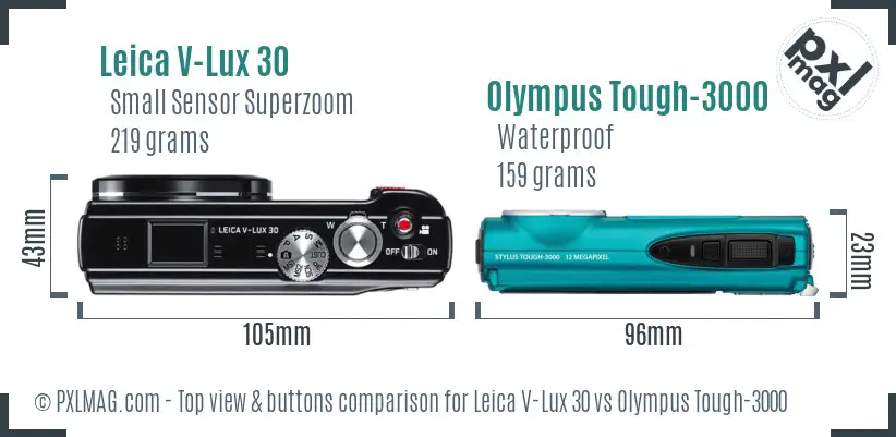 Leica V-Lux 30 vs Olympus Tough-3000 top view buttons comparison