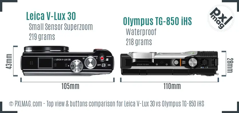 Leica V-Lux 30 vs Olympus TG-850 iHS top view buttons comparison