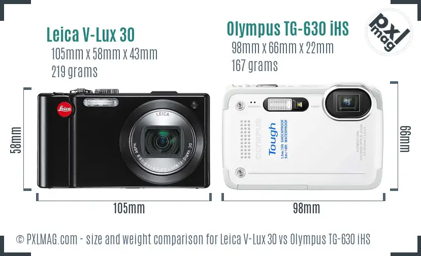 Leica V-Lux 30 vs Olympus TG-630 iHS size comparison Leica V-Lux 30 vs Olympus TG-630 iHS size comparison