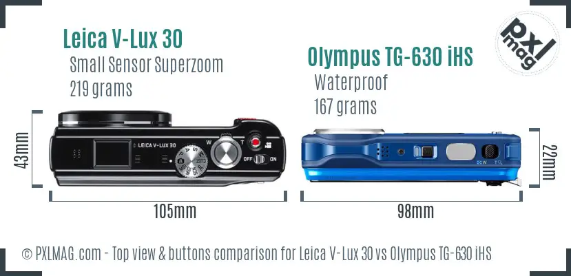 Leica V-Lux 30 vs Olympus TG-630 iHS top view buttons comparison Leica V-Lux 30 vs Olympus TG-630 iHS top view buttons comparison