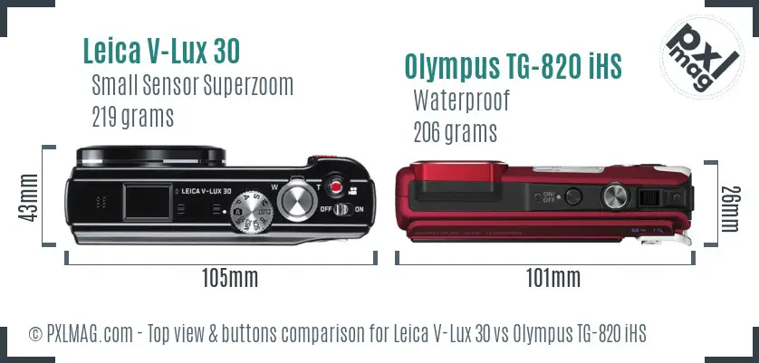 Leica V-Lux 30 vs Olympus TG-820 iHS top view buttons comparison