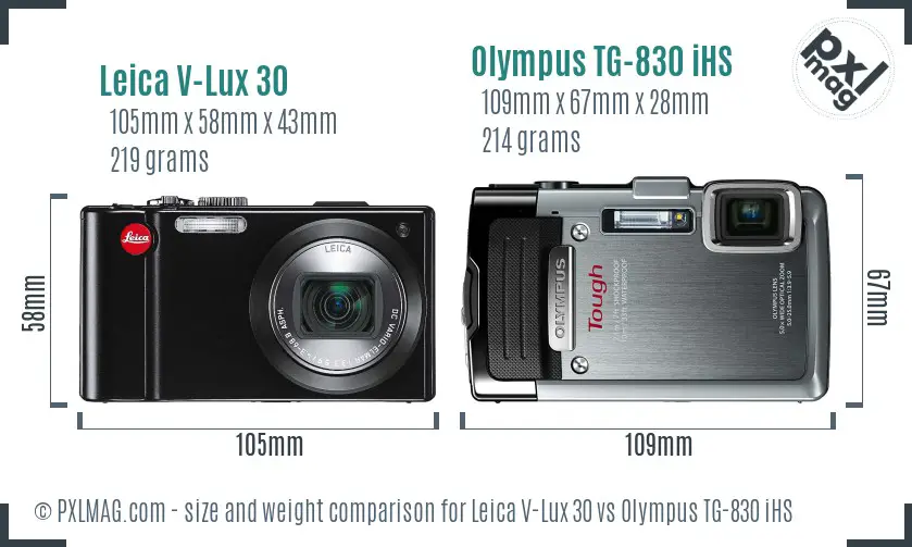 Leica V-Lux 30 vs Olympus TG-830 iHS size comparison