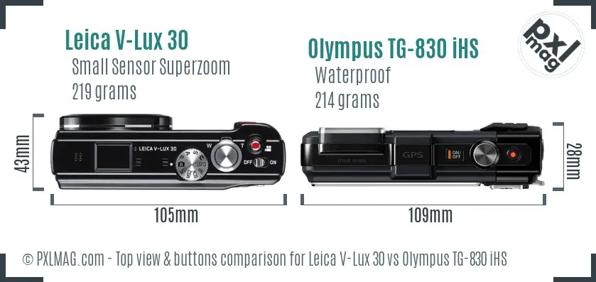 Leica V-Lux 30 vs Olympus TG-830 iHS top view buttons comparison