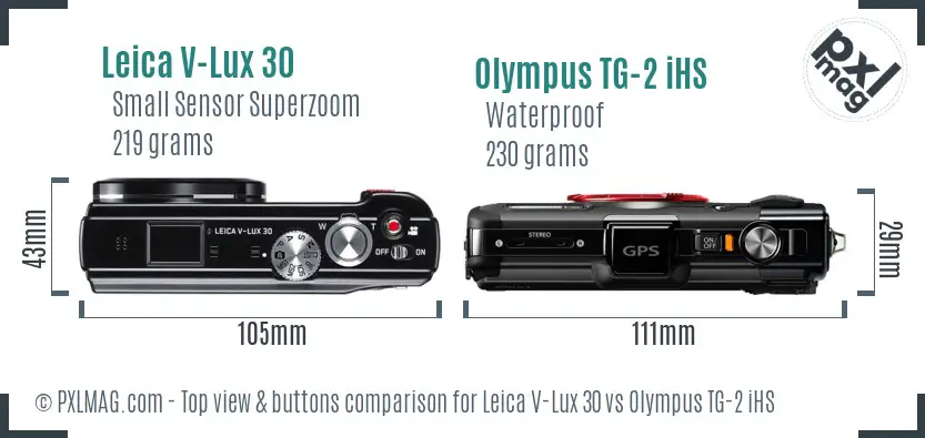 Leica V-Lux 30 vs Olympus TG-2 iHS top view buttons comparison