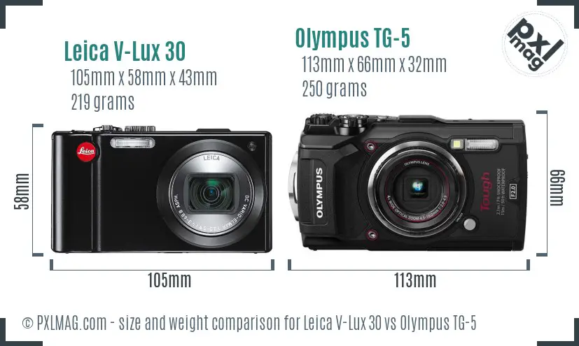Leica V-Lux 30 vs Olympus TG-5 size comparison Leica V-Lux 30 vs Olympus TG-5 size comparison
