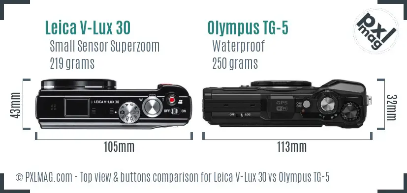 Leica V-Lux 30 vs Olympus TG-5 top view buttons comparison Leica V-Lux 30 vs Olympus TG-5 top view buttons comparison
