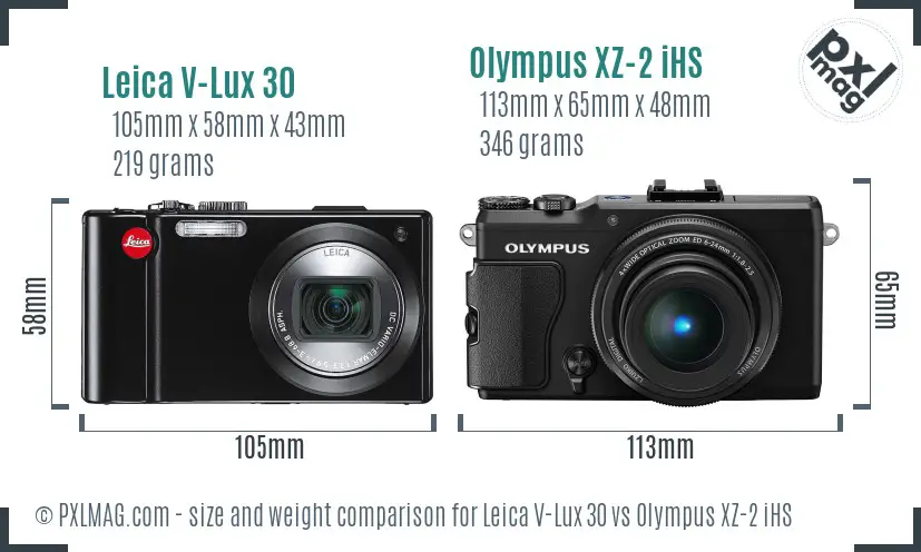 Leica V-Lux 30 vs Olympus XZ-2 iHS size comparison