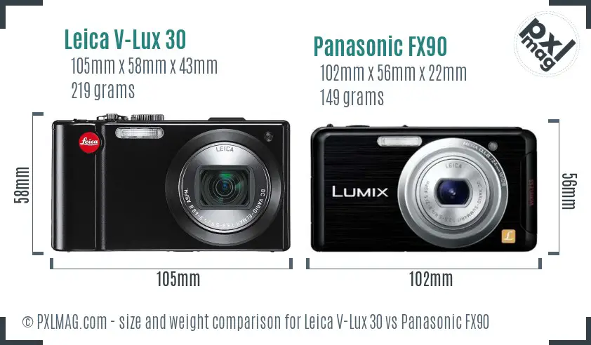 Leica V-Lux 30 vs Panasonic FX90 size comparison