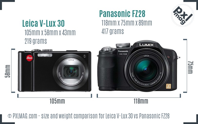 Leica V-Lux 30 vs Panasonic FZ28 size comparison Leica V-Lux 30 vs Panasonic FZ28 size comparison