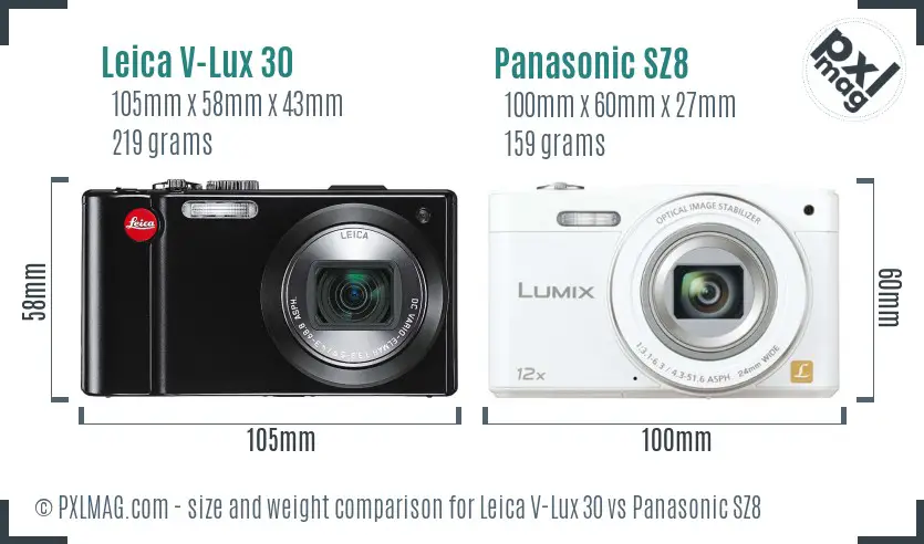 Leica V-Lux 30 vs Panasonic SZ8 size comparison