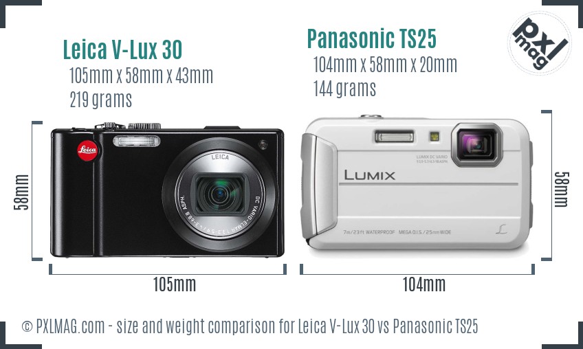 Leica V-Lux 30 vs Panasonic TS25 size comparison