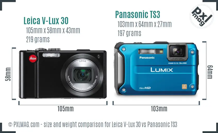 Leica V-Lux 30 vs Panasonic TS3 size comparison