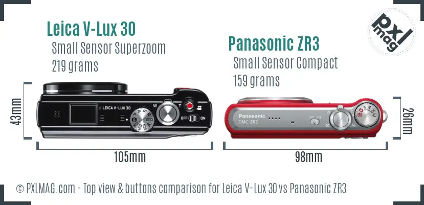 Leica V-Lux 30 vs Panasonic ZR3 top view buttons comparison