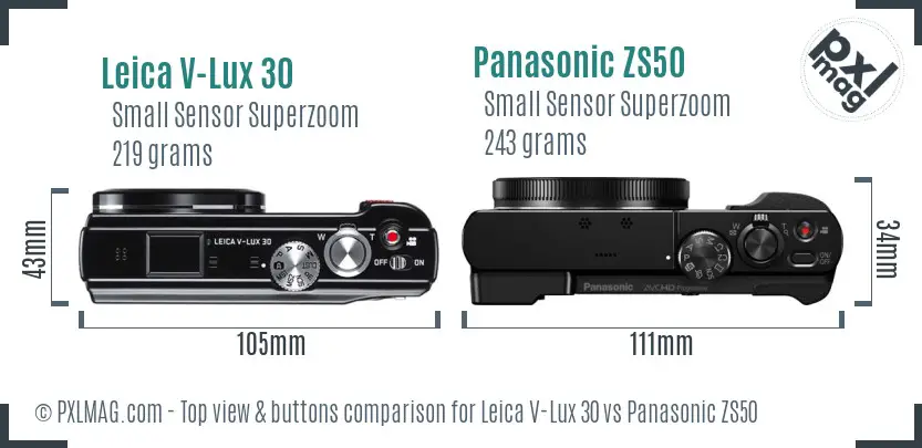 Leica V-Lux 30 vs Panasonic ZS50 top view buttons comparison