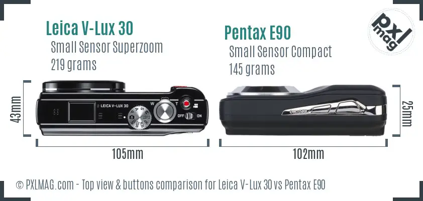 Leica V-Lux 30 vs Pentax E90 top view buttons comparison