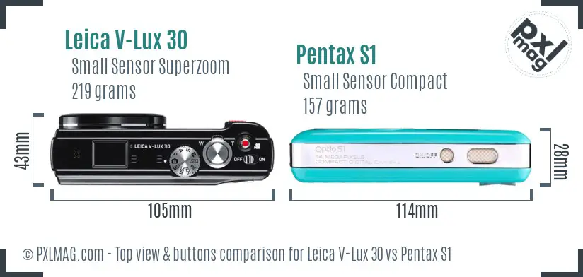 Leica V-Lux 30 vs Pentax S1 top view buttons comparison Leica V-Lux 30 vs Pentax S1 top view buttons comparison