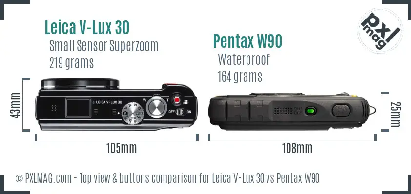 Leica V-Lux 30 vs Pentax W90 top view buttons comparison Leica V-Lux 30 vs Pentax W90 top view buttons comparison