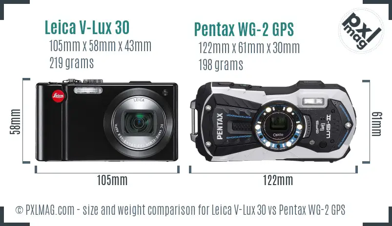 Leica V-Lux 30 vs Pentax WG-2 GPS size comparison Leica V-Lux 30 vs Pentax WG-2 GPS size comparison