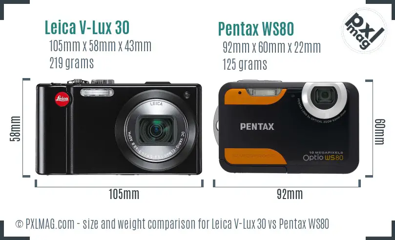 Leica V-Lux 30 vs Pentax WS80 size comparison