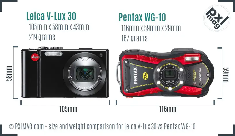 Leica V-Lux 30 vs Pentax WG-10 size comparison Leica V-Lux 30 vs Pentax WG-10 size comparison