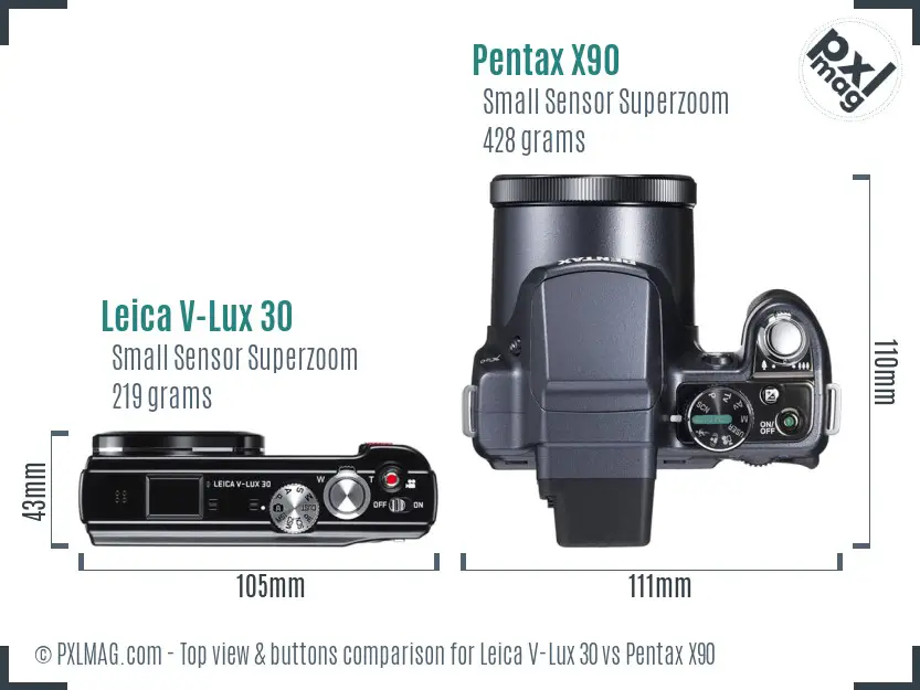 Leica V-Lux 30 vs Pentax X90 top view buttons comparison