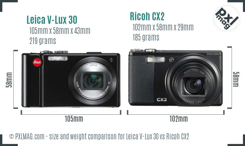Leica V-Lux 30 vs Ricoh CX2 size comparison