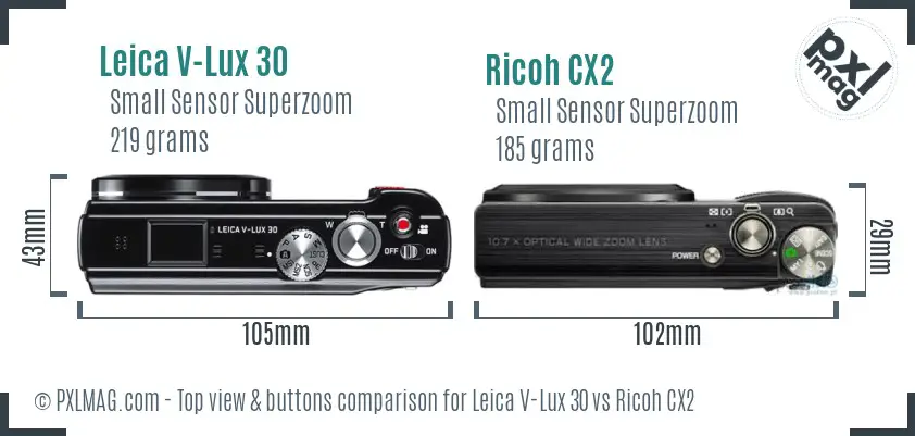 Leica V-Lux 30 vs Ricoh CX2 top view buttons comparison