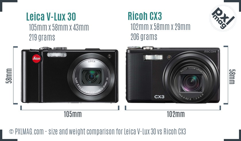 Leica V-Lux 30 vs Ricoh CX3 size comparison