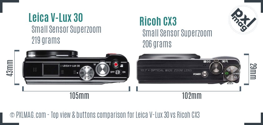 Leica V-Lux 30 vs Ricoh CX3 top view buttons comparison