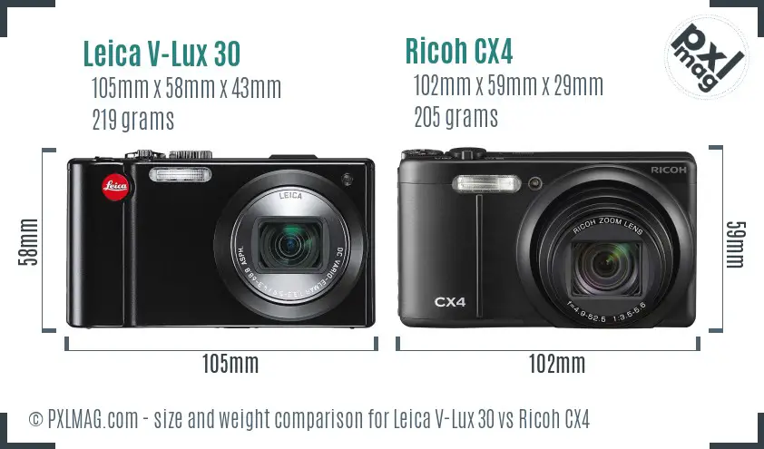 Leica V-Lux 30 vs Ricoh CX4 size comparison