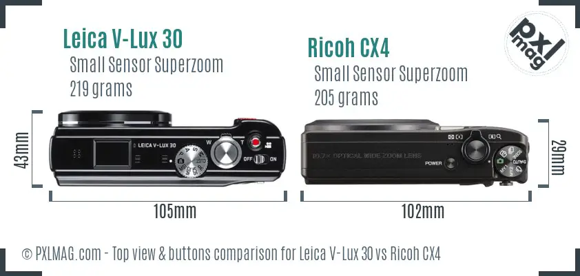 Leica V-Lux 30 vs Ricoh CX4 top view buttons comparison