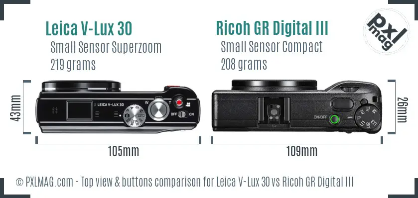 Leica V-Lux 30 vs Ricoh GR Digital III top view buttons comparison Leica V-Lux 30 vs Ricoh GR Digital III top view buttons comparison