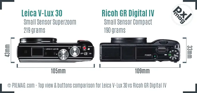 Leica V-Lux 30 vs Ricoh GR Digital IV top view buttons comparison Leica V-Lux 30 vs Ricoh GR Digital IV top view buttons comparison