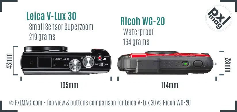 Leica V-Lux 30 vs Ricoh WG-20 top view buttons comparison Leica V-Lux 30 vs Ricoh WG-20 top view buttons comparison